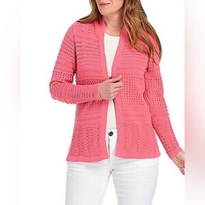 New Christopher & Banks Crochet Cardigan Sweater Women 2X Open Front Coral Pink